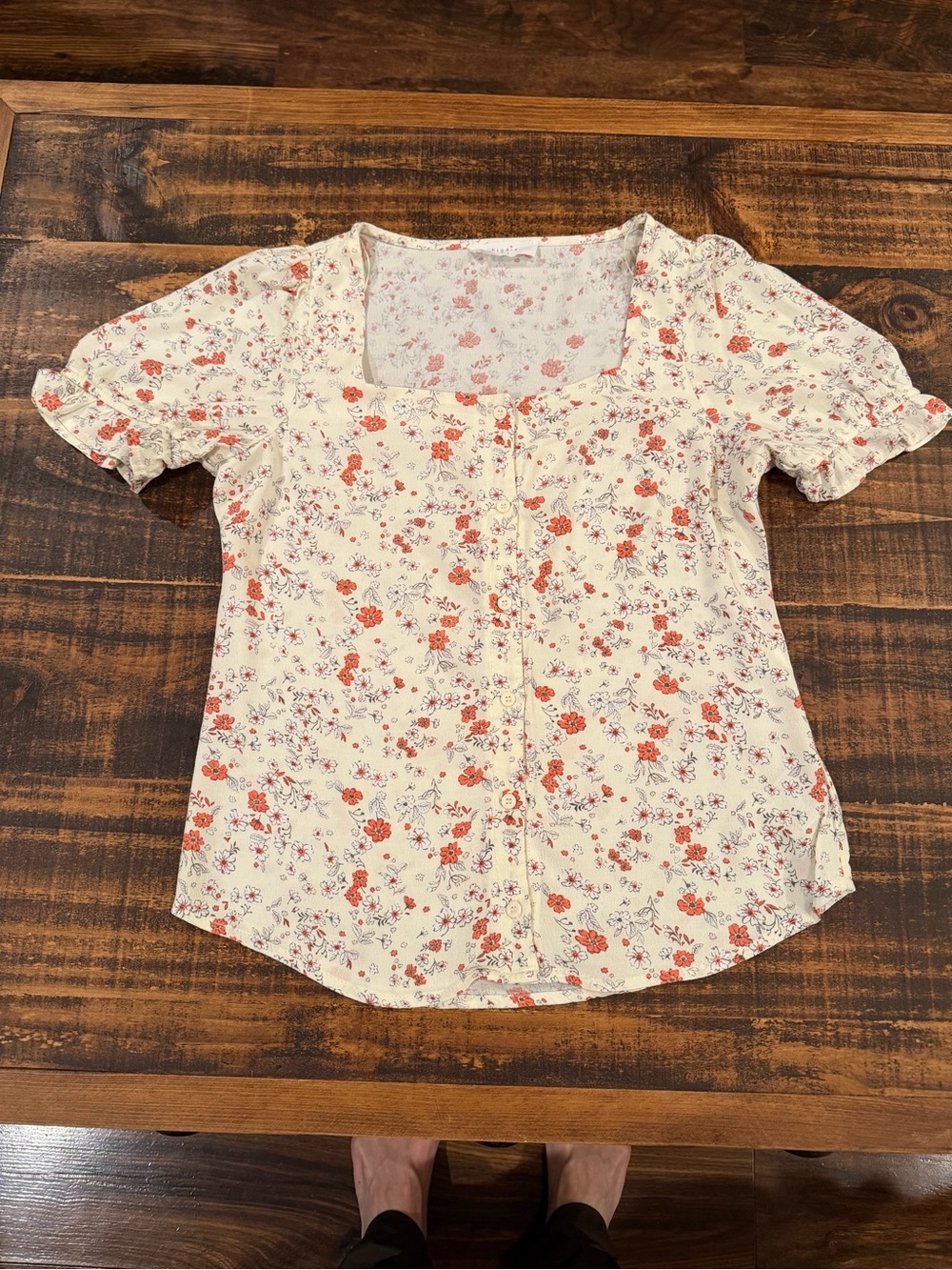 Elodie Cream Floral Button-Up Top with Coral Flowers